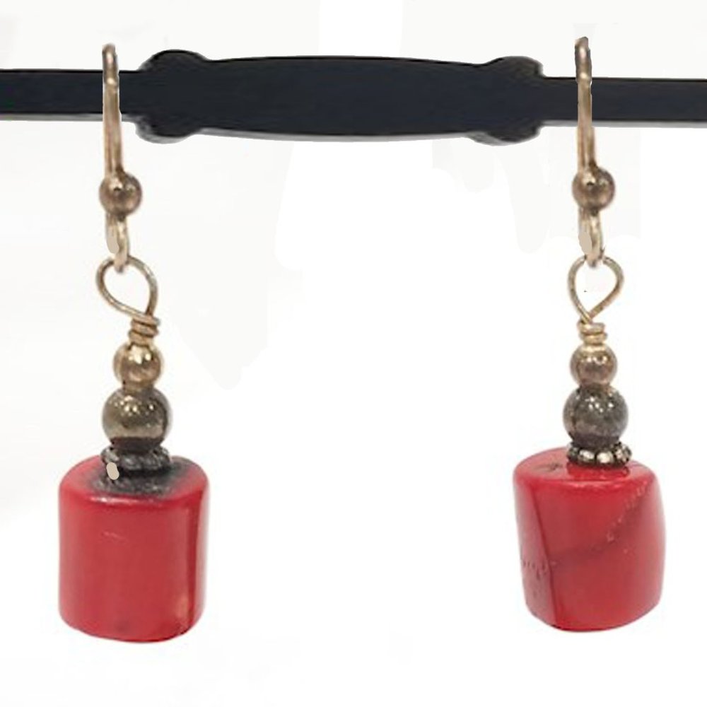 NAVAJO Silver & Coral Dangle Earrings